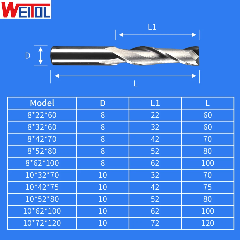 Weitol fresa de moagem espiral, 1 peça 8mm 10mm 12mm 5a duas flautas