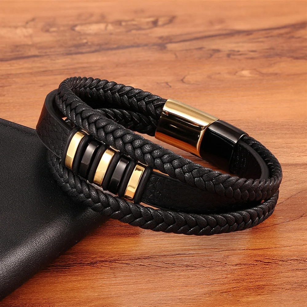 XQNI Multi-layer 4 color Selection Hand-woven Accessories Combination Men Stainless Steel Leather Bracelet Valentine\'s Day Gift