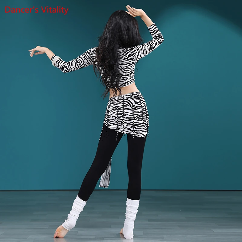 Ropa de práctica de danza del vientre para mujer, Top de media manga + Pantalones de cadera, 2 piezas, conjunto de danza Oriental