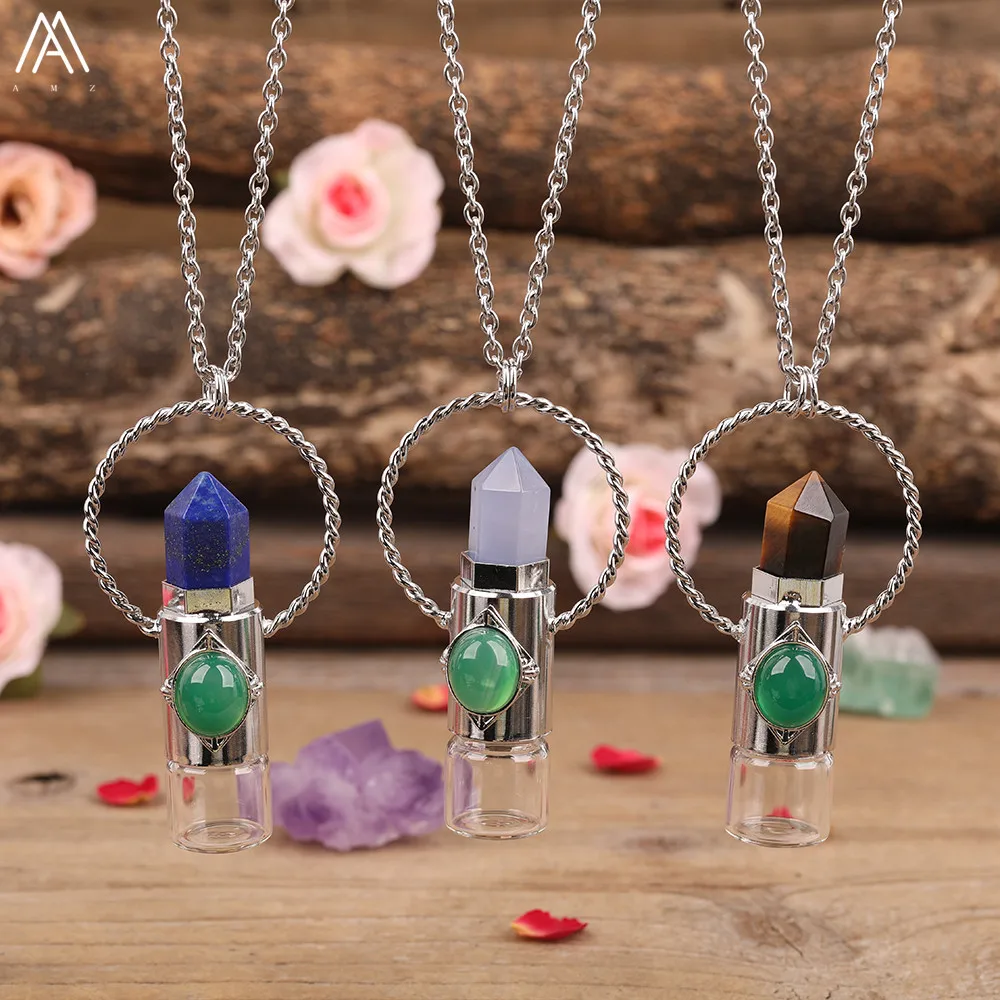 Natural Roses Lemon Quartz Perfume Roller Bottle Pendant Chains Necklace Women Gemstones Hoop Essential Oil Vial Jewelry Gift