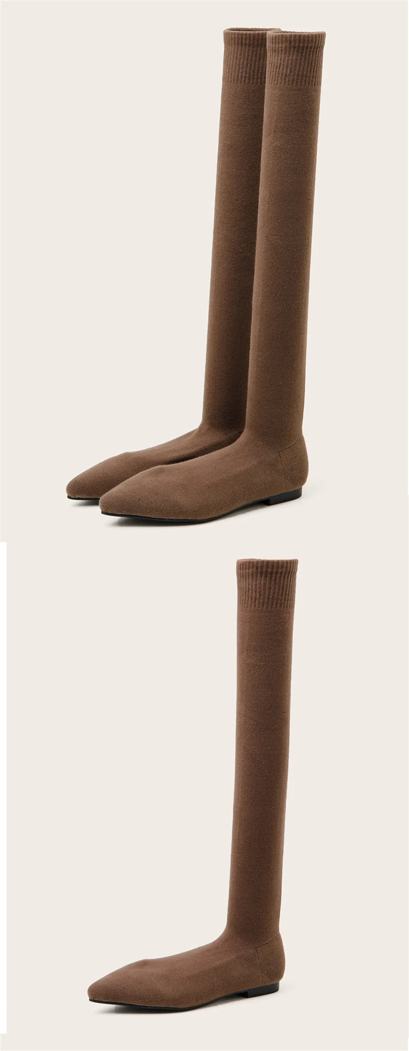 Size 34-40 Fashion Slim Leg Thigh High Sock Boots Women Black Stretch Fabric Pointed Toe Flat Heels Over The Knee Slip On Shoes