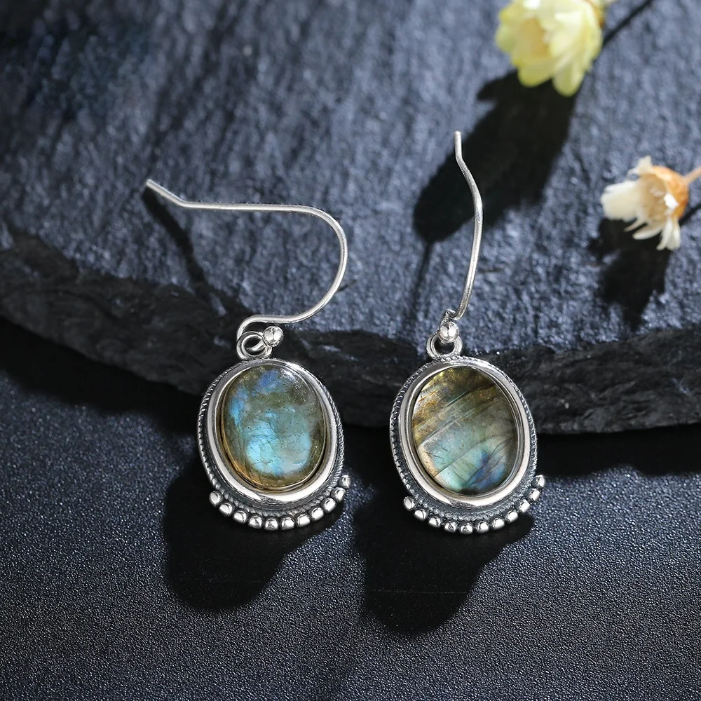 High Quality S925 Silver Earrings Natural Labradorite Drop Earrings for Women Luxury Ear Hoop Jewelry Gift Wholesale