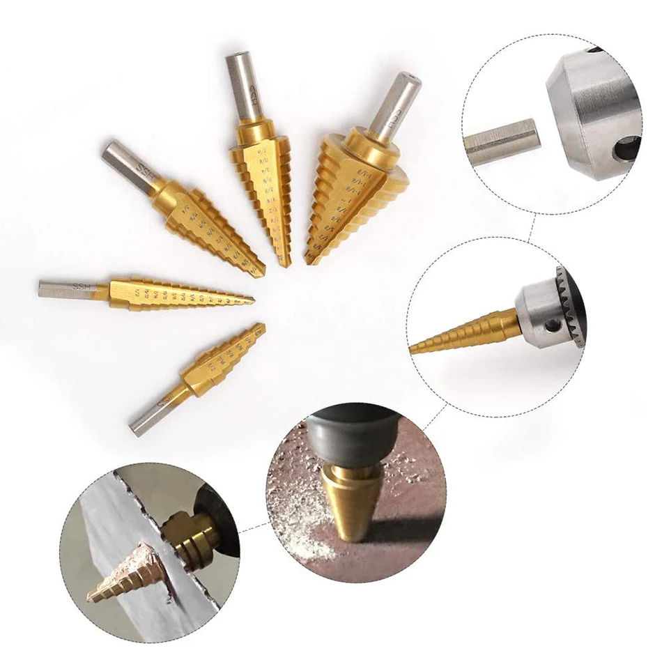 GanWei 3Pcs/5Pcs/6Pcs Titanium Step Drill Bit Set Hss Cobalt หลายขั้นตอนขั้นตอนเจาะสำหรับโลหะอลูมิเนียมเจาะรู