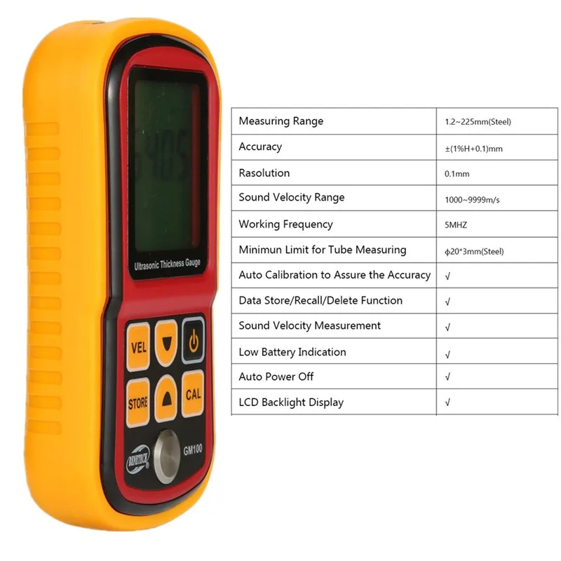 GM100 Digital Ultrasonic Thickness Gauge 1.2~225mm Voice Sound Velocity Meter 1000-9999 m/s Metal Glass Measuring Instruments