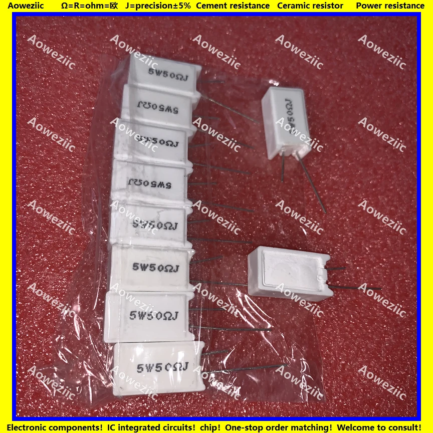 10Pcs RX27-5 Vertical Cement Resistance 5W 50 ohm 50R 50RJ 5W50RJ 5W50ohm Ceramic Resistance precision 5% Power resistance