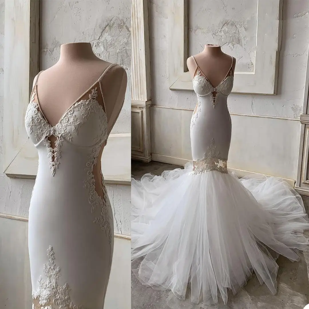 2023 abiti da sposa Sexy a sirena senza schienale abito da sposa con scollo a V con spalline di perle staccabili in Tulle di pizzo Applique a buon mercato