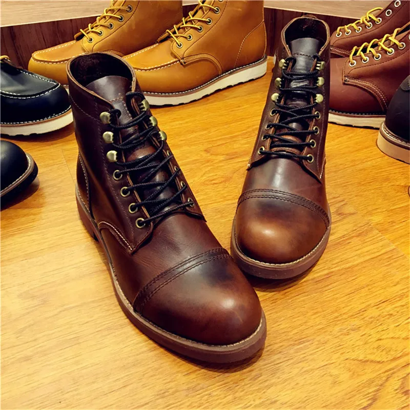 New Vintage Handmade Men Boots British High Quality Genuine Leather Ankle Boots Wings Autumn Winter Round Toe Motorcycle Boots