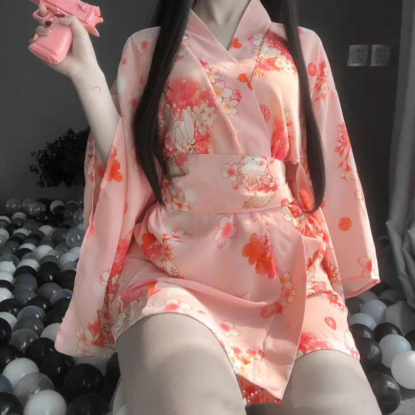 

Kimono Dress Japanese Style Woman Sakura Sexy Girl Haori Vintage Yukata Bathrobe Sexy Uniform Nightgown Pajamas Party Clothes