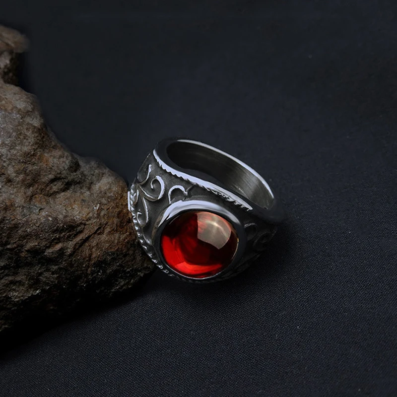 Vintage Stainless Steel Gothic Rings for Men And Women Engraved Flowers With Red Garnet Natural Stone Fine Jewellery