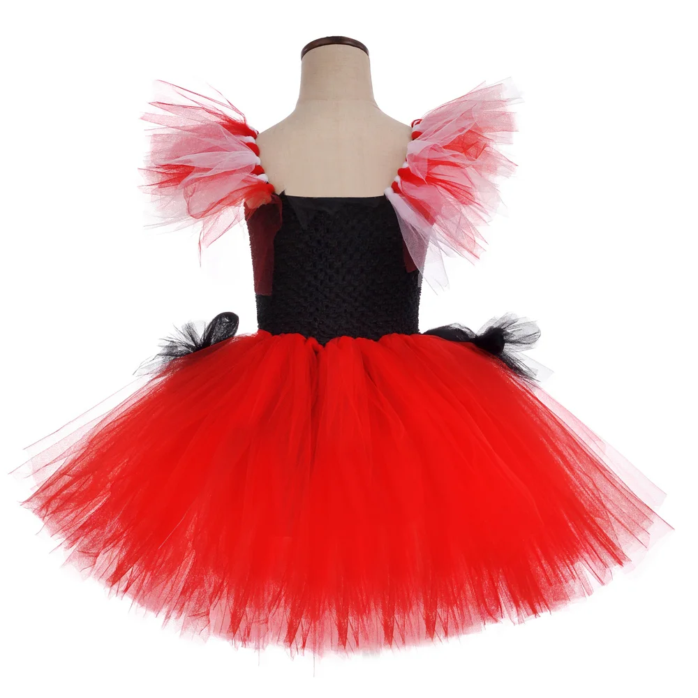 Alice in Wonderland Red Queen of Hearts Costume for Girls Carnival Halloween Tutu Dress Kids Party Outfit with Crown Magic Stick