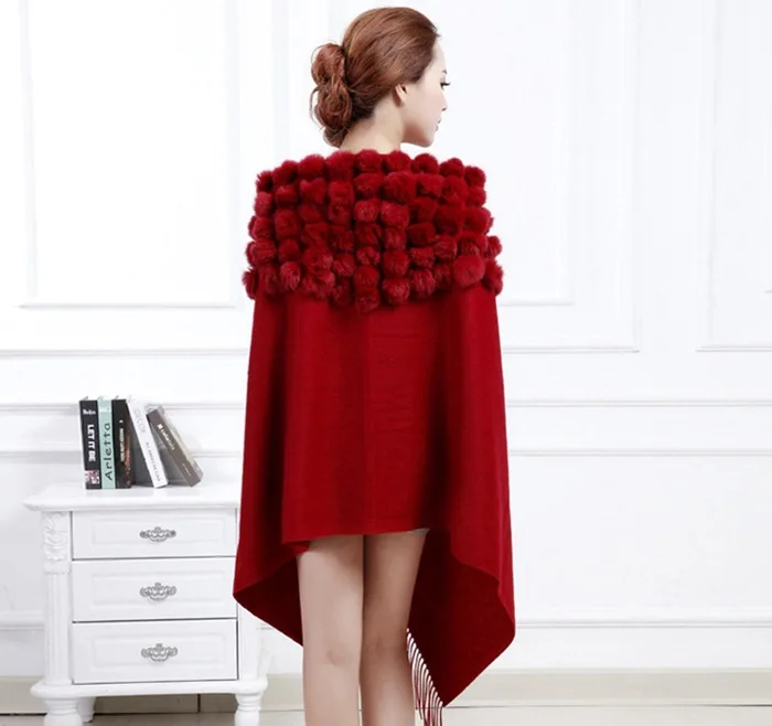20 Colors Triangle Real Rabbit Fur Ball Shawl Wraps Winter Women Cashmere Tassel Cape Pompon Cloak Lady Mum Gift Casaco Feminino
