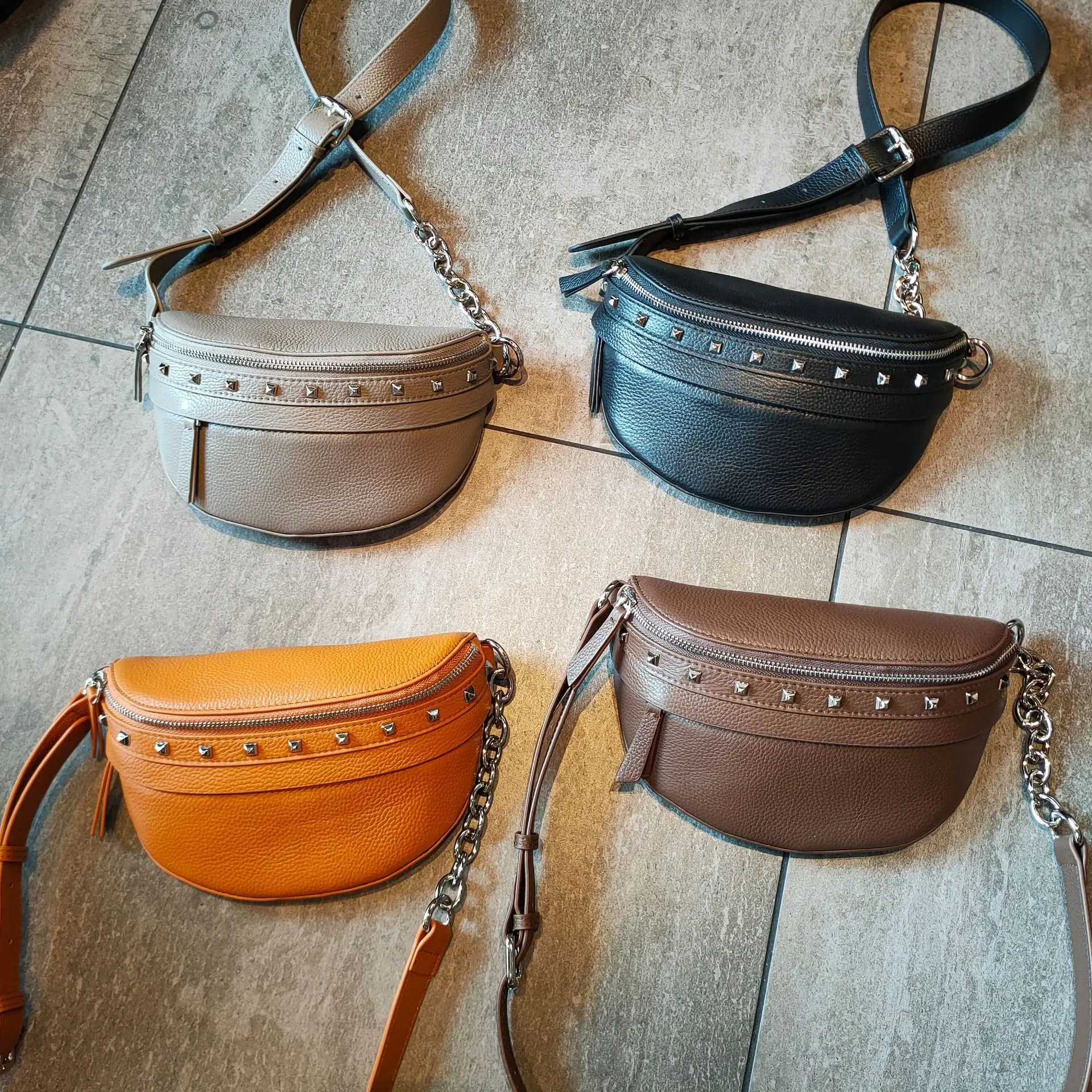 Fashion Rivet Fanny Pack Shell Waist Bag New Brand Belt Bag Women Waist Pack Genuine Leather Multifunction Chest Bags