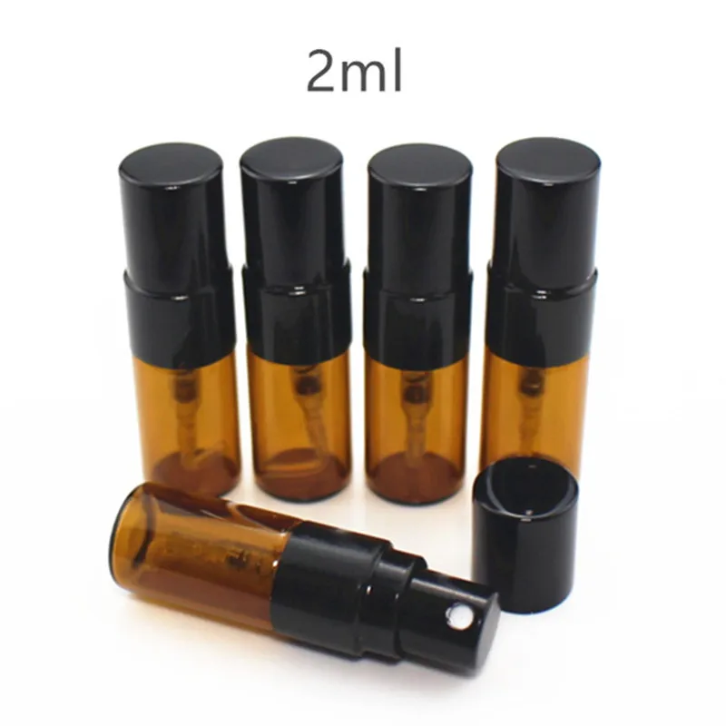 

50pcs/lot 2ml Amber Glass Perfume Spray Bottle Empty Parfum Atomizer Portable Travel Sample Glass Vials with Black Pump