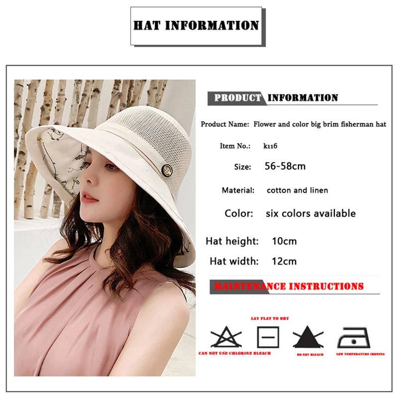 K116 Women\'s Bucket Hat Panama Fashion Sun Visor Breathable Fisherman Protection Hat Summer Hats Beach Sun Hats Breathable