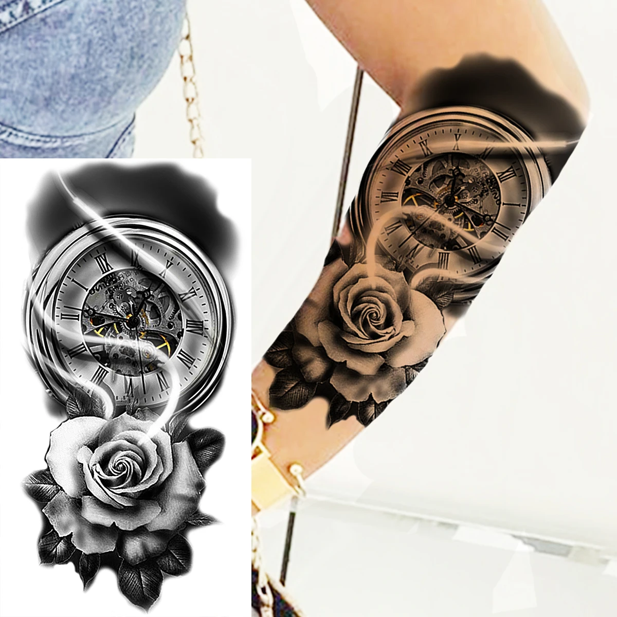 Black Rose Flower Cross Temporary Tattoos For Women Adults Wolf Lion Vampire Compass Pirate Ship Fake Tattoo Sticker Arm Tatoos