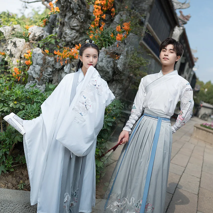 Chinese style Hanfu Ancient Costume women and men vintage couple set Crane Embroidery traditional fairy dress Folk Dance Wear