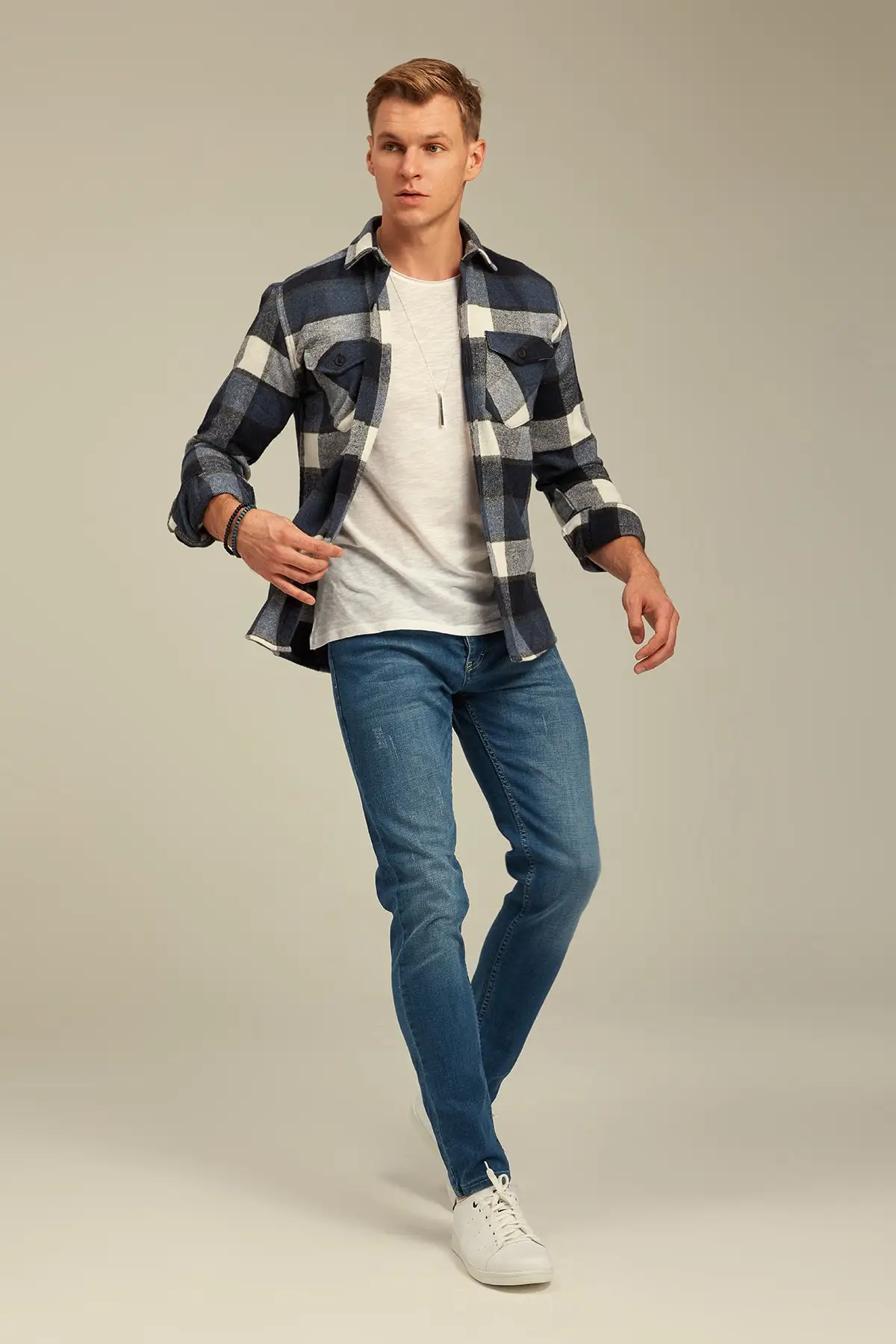 Blue White Plaid Lumberjack Model Men Shirts 100 Cotton Seasonal Quality Stylish Modern Design