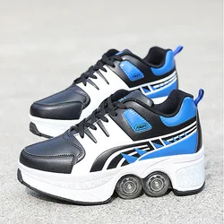 Deformation Parkour Shoes 4 Wheels Rounds Of Running Shoes for Adults Kids Unisex Invisible Pulley Roller Skates Shoes Sneakers