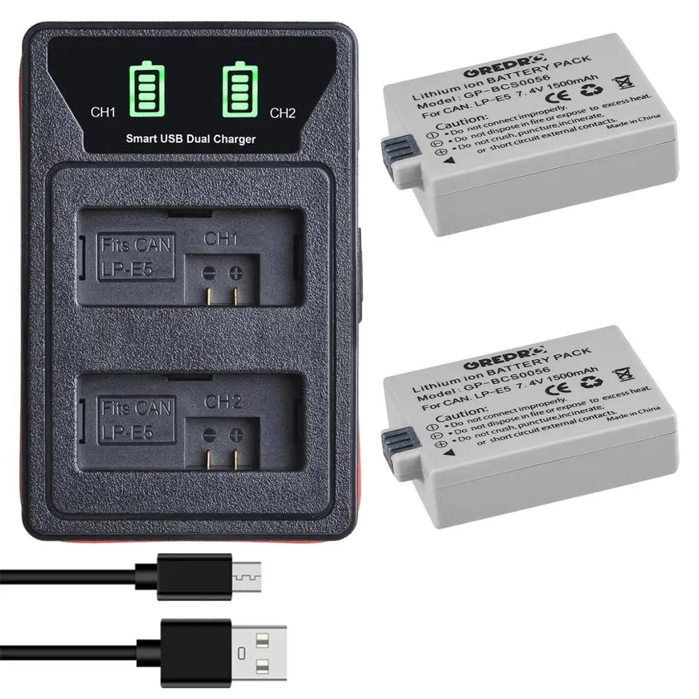 

1500mAh LP E5 LP-E5 LPE5 Battery + LED Dual USB Charger with type-C Port for Canon Eos 450D 500D 1000D Kiss X3 Kiss F Rebel Xsi