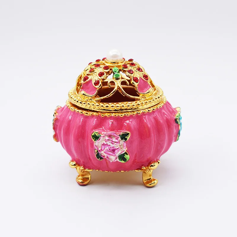 Handmade Enamel  Pink Hollow Out Pumpkin Colored Drawing Jewel Case Ring Storage Box Metal Handicraft Home Furnishing Articles