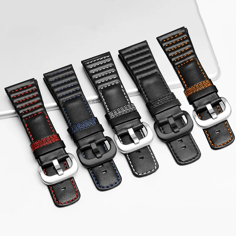 Yopo Genuine leather strap 28mm black with white blue red orange line bracelet suitable for V3 P3 M3 mechanical men's watch