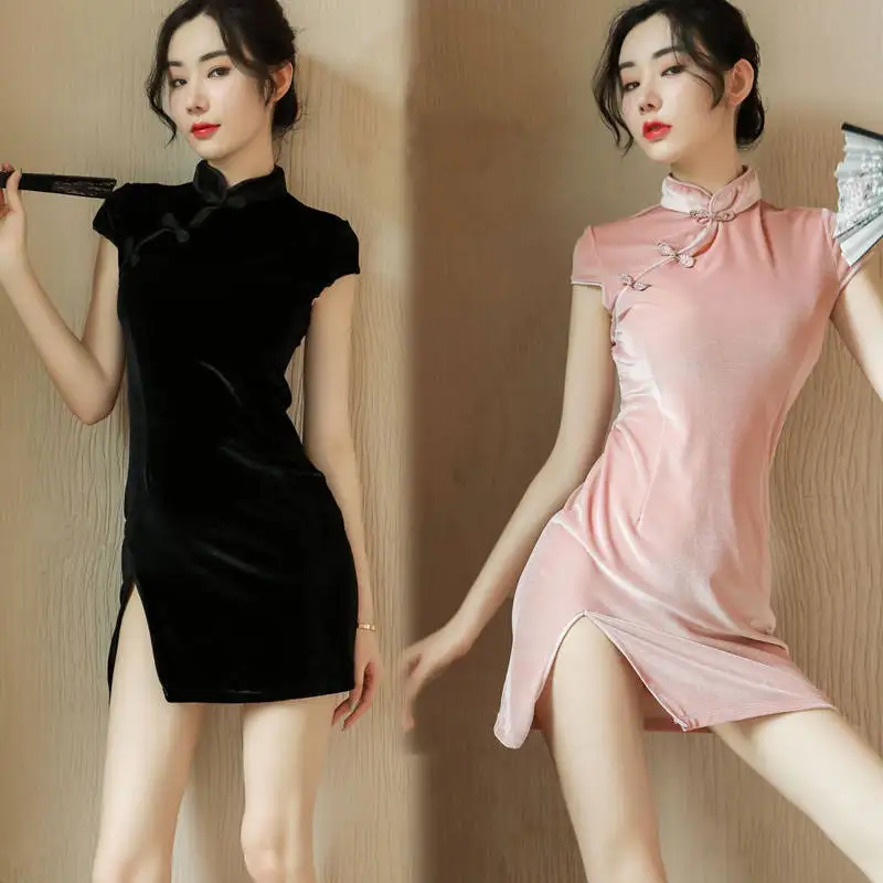 Fresh Girl Short-Sleeved Sexy Underwear Spring And Summer Dress t Split  Fashion Improved Temperament Slim Cheongsam Skirt