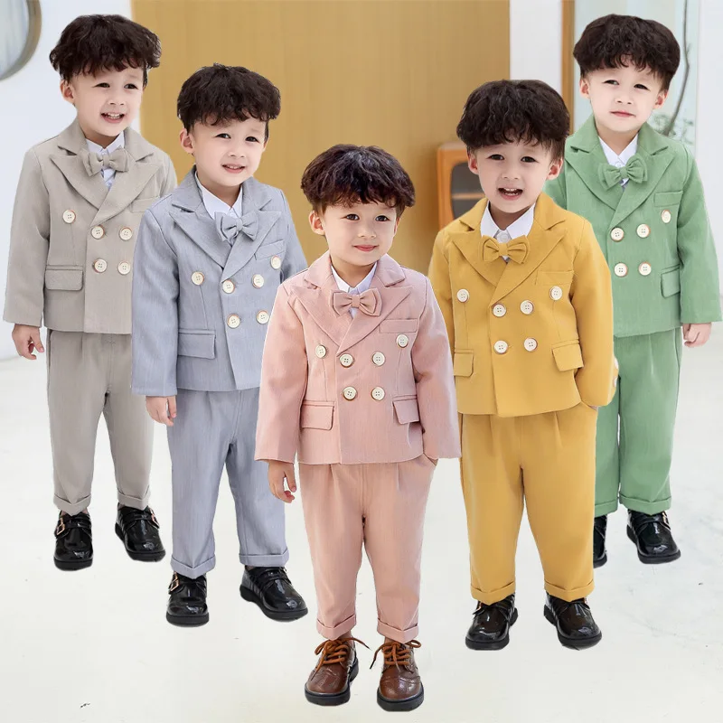 

Children's Formal Double Breasted Suit Set Boys Host Wedding Banquet Dress Baby Banquet Costume Kids Blazer Vest Pants Outfit