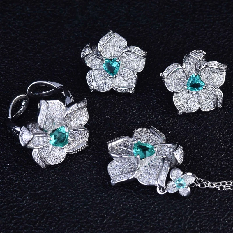 

KOFSAC Exquisite Micro Inlay Zircon Flower Ring Necklaces 925 Sterling Silver Jewelry Set Earrings For Women Wedding Accessories