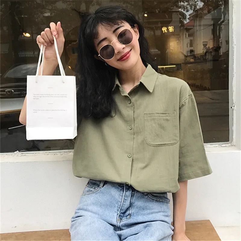 

Shirts Women Short Sleeve Summer Turn-down Collar Pockets Shirt Embroidery Printed Outwear Leisure Trendy Elegant Blouse Chic