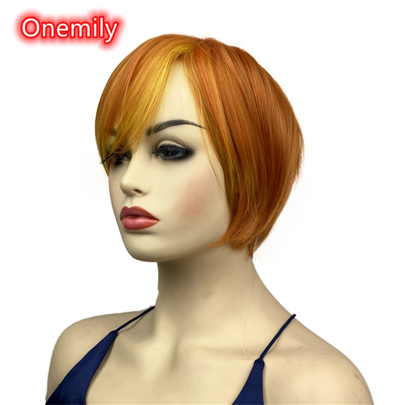 Onemily Short Straight Heat Resistant Synthetic Hair Wigs  for Women Girls with Side Bangs Theme Party  Evening Out Fun Orange