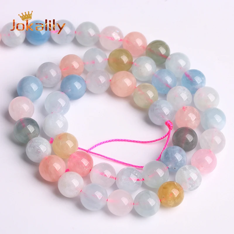 Natural Morganite Gemstone Beads Colorful Stone Round Loose Spacer Beads for Jewelry Making DIY Bracelet 4 6 8 10 12mm 15