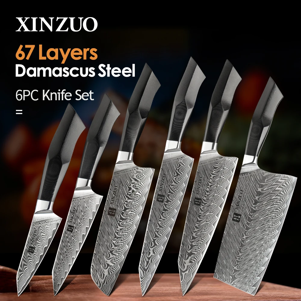 XINZUO 6PCS Knives Set Japan Forged Damascus Steel Knife Best Sharp Cleaver Nakiri Vegetable Carving Big Knife With G10 Handle