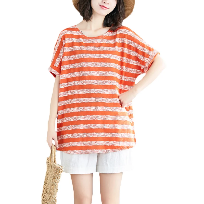 

New Summer Short-sleeved shirt Women Tops Tees 2022 literary Women's loose Striped Shirt X769