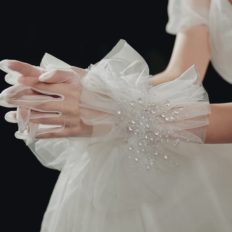 

High Quality Hort Wedding Bridal Hand Gloves Finger Wrist Tulle Cuffs Puffy Wedding Accessories Mariage Gant Mariage Femme