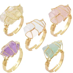 Irregular Genuine Stone Ring for Women Full Wire Wrapped Rose Quartz Fluorite Gold-color Resizable Reiki Healing Crystal Jewelry