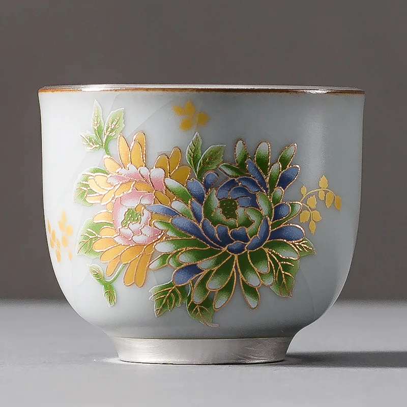 999 Silver Gilt Tea Cup Master Cup Ceramic Grilled Flower Gold Foil Teacup Kung Fu Tea Cup