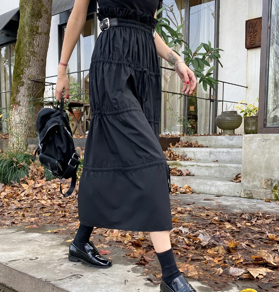 CHEERART Desinger High Waisted Skirts Womens 2021 Fall Fashion Drawstring Ruched Long Midi Goth Skirt With Leather Belt Clothing