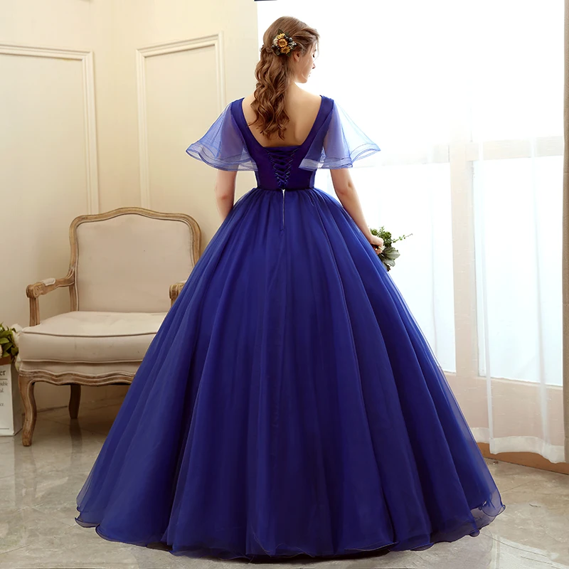 2020 ใหม่สีฟ้า Quinceanera Elegant PARTY PROM O-Neck แขนสั้น Ball Gown ดอกไม้พิมพ์ Quinceanera Vestidos Dresses