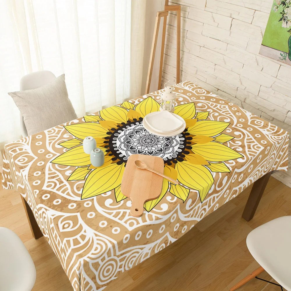 Sunflower And Mandala Khaki Cotton Linen Tablecloth Spandex Elastic Dining Chair Cover Print Table Cloth for Kitchen Decor