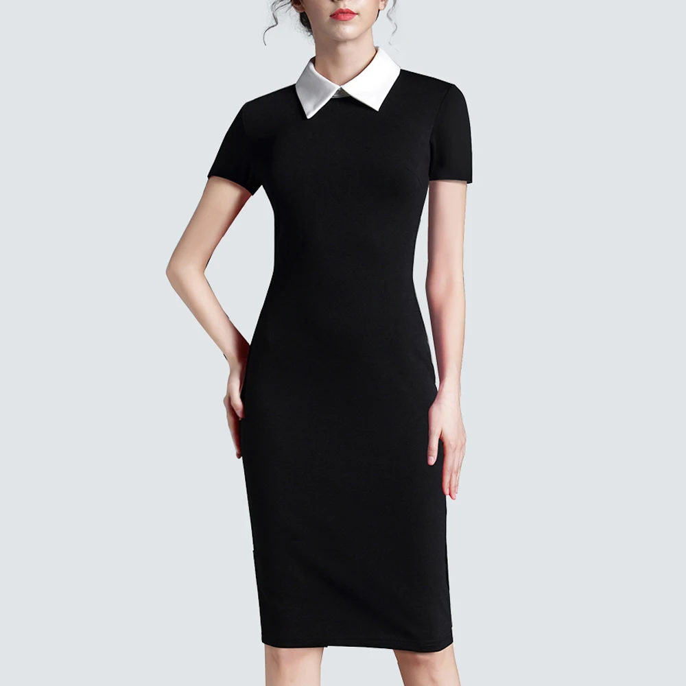 

Women Clothing Vintage Black Women Formal Work Business Office Short Sleeve Casual Bodycon Sheath Fitted Pencil Dress H751