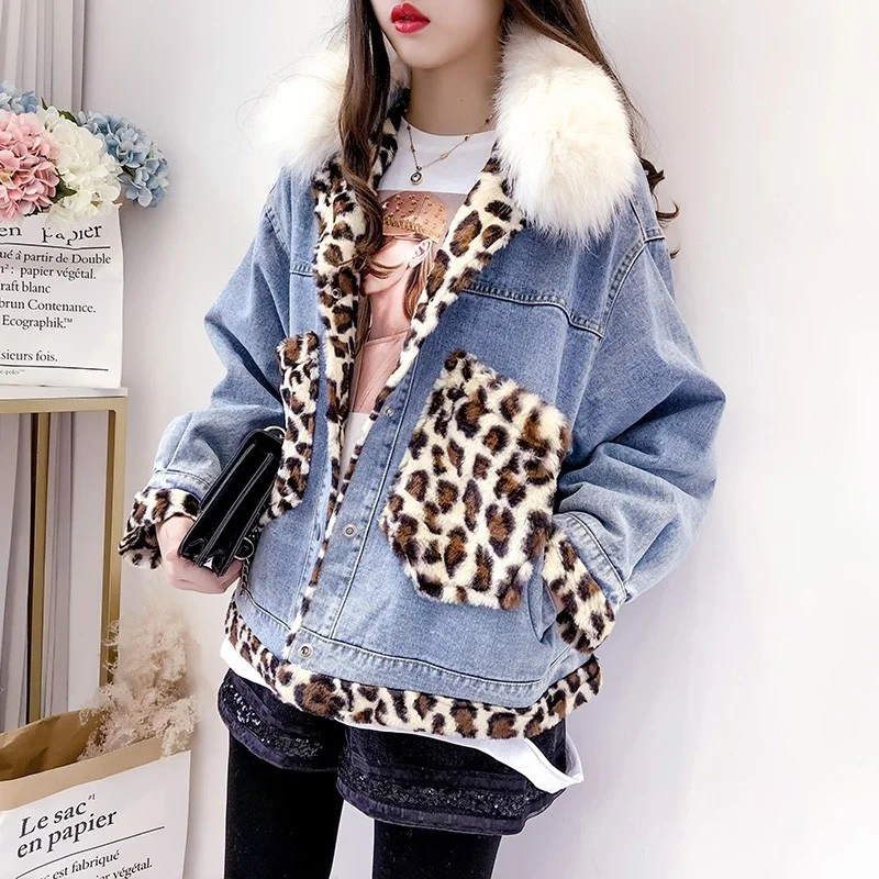 

Women Fashion Loose Fit Leopard Patchwork Thick Warm Fleece Lining Denim Jacket Faux Fur Collar Outwear Batwing Sleeve Jean Coat