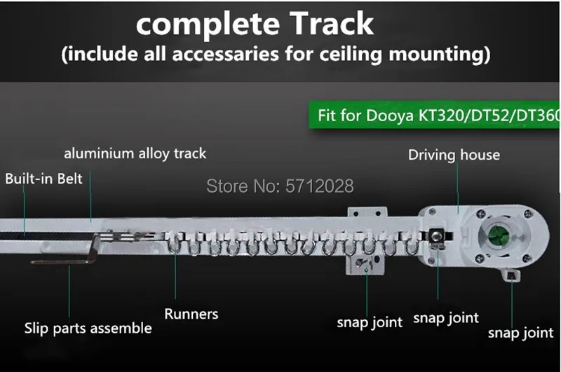 Super SILENT Motorized Single Electric Curtain Track Sets, DOOYA Motor, DT82TN with Remote Control, Rails System