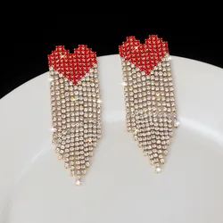 Fashionable Women Shiny Rhinestone Red Heart With Chain Dangle Earrings Jewelry Maxi Lady's Statement Earrings Accessories