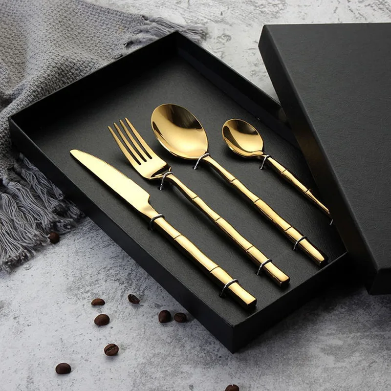 Gold Cutlery Set Stainless Steel Steak Knife Fork Spoon Tableware Bamboo Design Luxury Cutlery Dinner Sets 24pcs