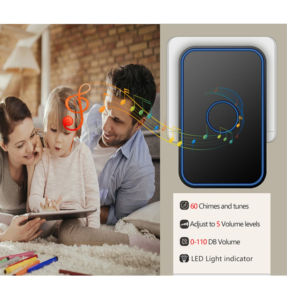 CACAZI Smart Wireless Doorbell 300M Range 60-ring Waterproof H78 Household Flashing Door Bell US EU UK plug 2 button 6 receiver