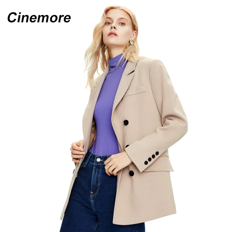 Cinemore 2021 New Women Suit Jacket Classic Spring Autumn Fashion Solid Lapel Double Bresated Elegant  Women's Coat Top 82193