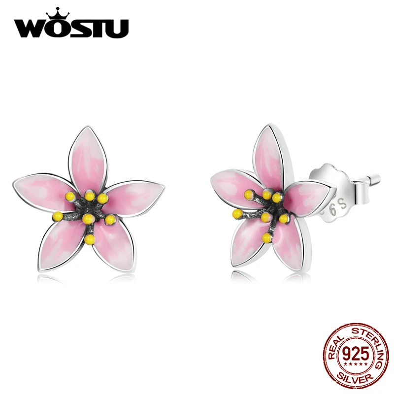 WOSTU 925 Sterling Silver Pink Cherry Blossom Small Cute Stud Earrings For Women Fashion Party Jewelry CQE1273