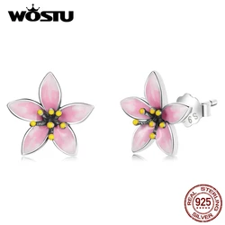 WOSTU 925 Sterling Silver Pink Cherry Blossom Small Cute Stud Earrings For Women Fashion Party Jewelry CQE1273