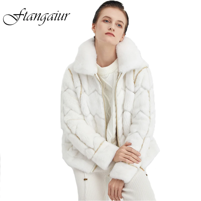 

Ftangaiur New Winter Import Purple Label Mink Fur Coat Mandarin Collar Long Sleeve Slim Causal Women Short Real Mink Fur Coats