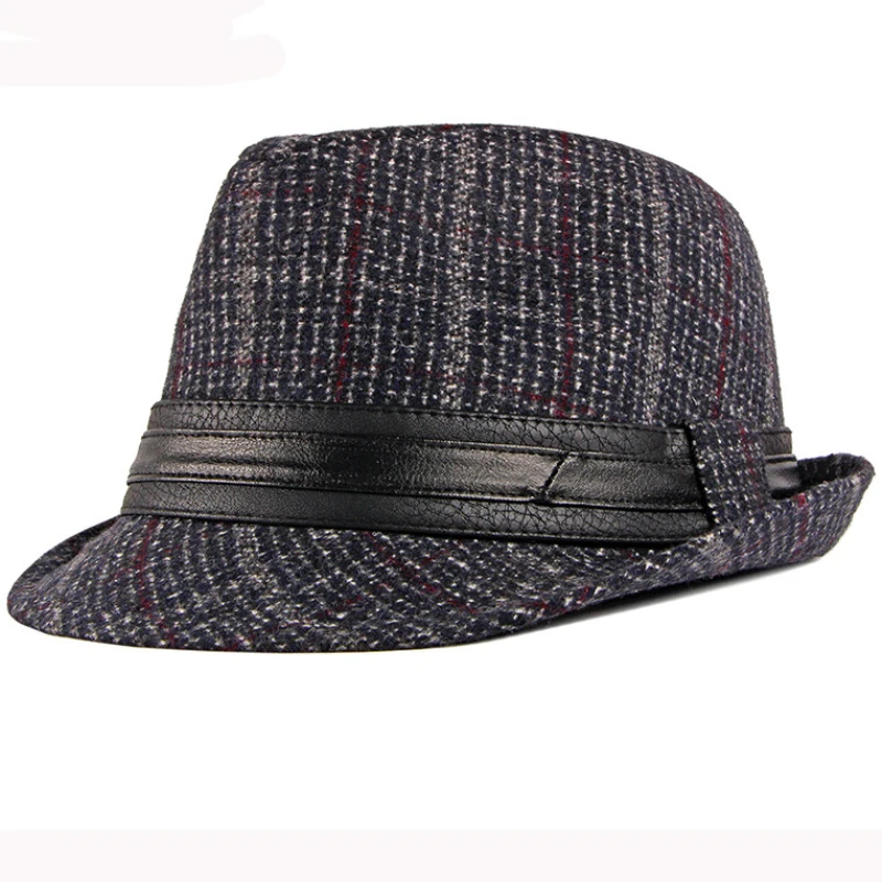 HT2774 Fedoras Autumn Winter Hat Caps for Men Vintage Plaid Wool Hat Retro Gentleman Black Band Fedora Hat Male Trilby Jazz Hat